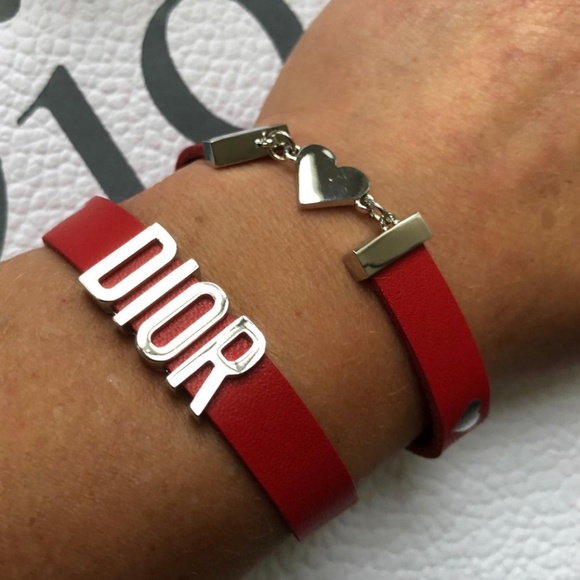 DIOR BRACELET Heart Double Wrap Calfskin Leather Red & Silver NEW in BOX - Picture 2 of 8